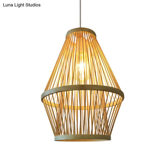 Modern Curved Bamboo Pendant Light Fixture For Dining Room - 1 Wood Hanging Lamp