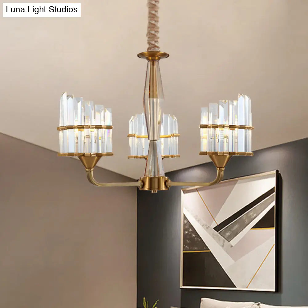 Modern Curved Chandelier With Faceted Crystal: Gold Finish 3/6-Light Pendant For Living Room