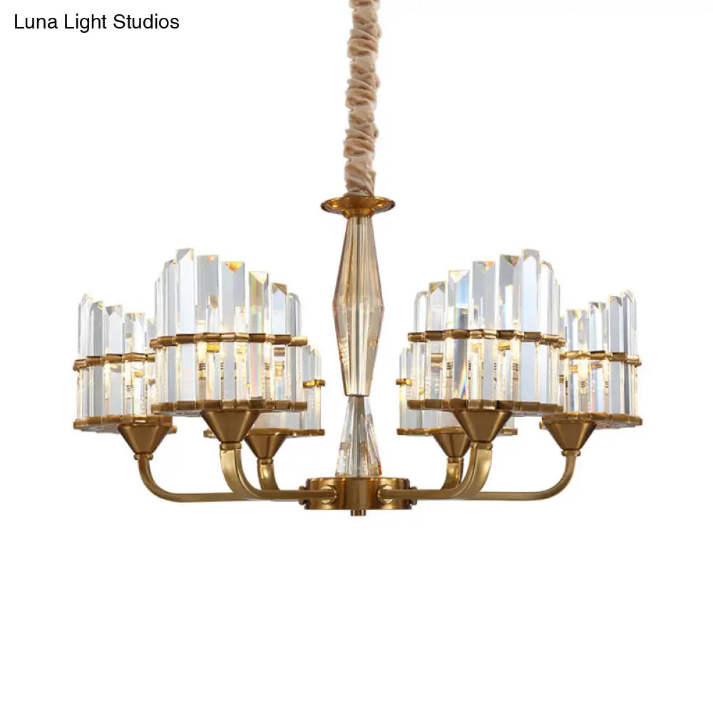 Modern Curved Chandelier With Faceted Crystal: Gold Finish 3/6-Light Pendant For Living Room