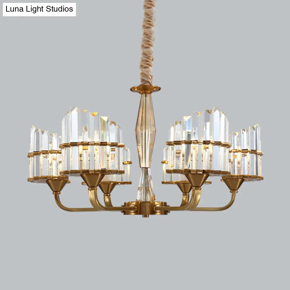 Modern Curved Chandelier With Faceted Crystal: Gold Finish 3/6-Light Pendant For Living Room