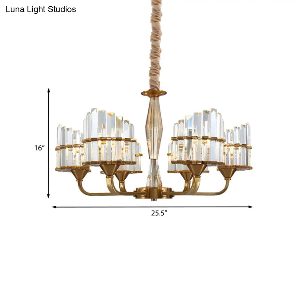 Modern Curved Chandelier With Faceted Crystal: Gold Finish 3/6-Light Pendant For Living Room