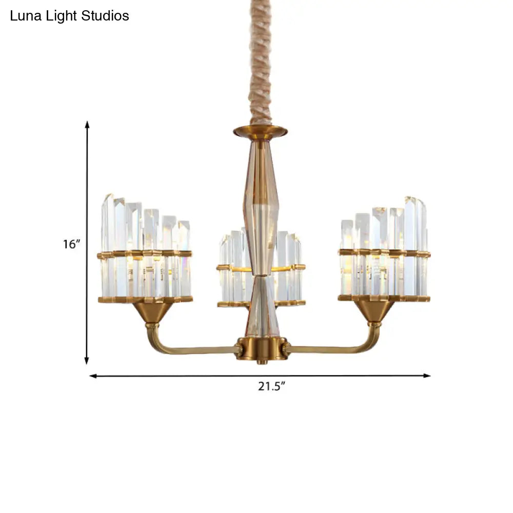 Modern Curved Chandelier With Faceted Crystal: Gold Finish 3/6-Light Pendant For Living Room