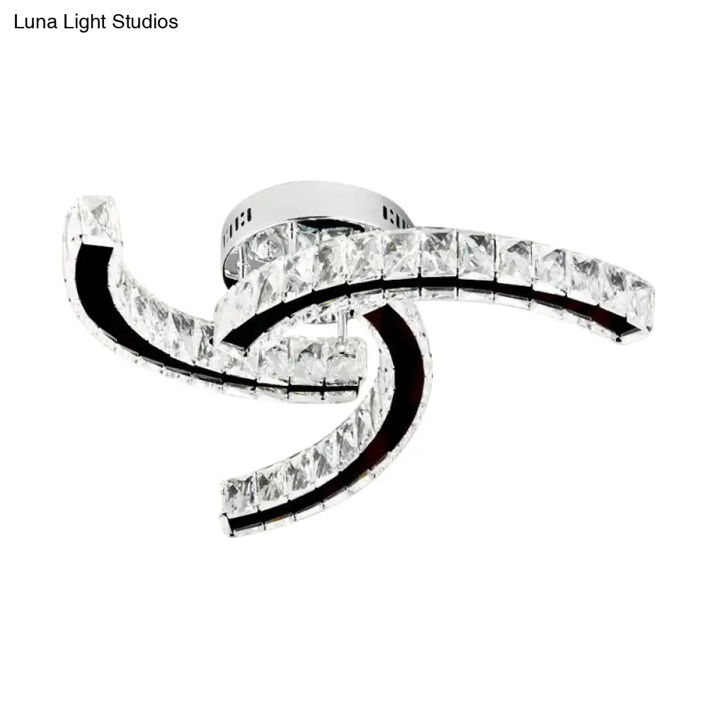 Modern Curved Crystal Block Led Ceiling Lamp In Stainless-Steel - Warm/White Light