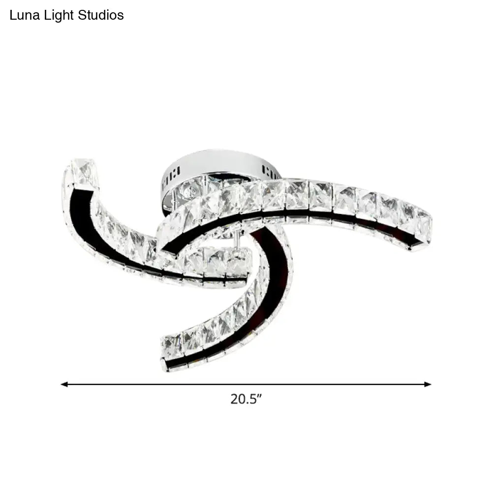 Modern Curved Crystal Block Led Ceiling Lamp In Stainless-Steel - Warm/White Light