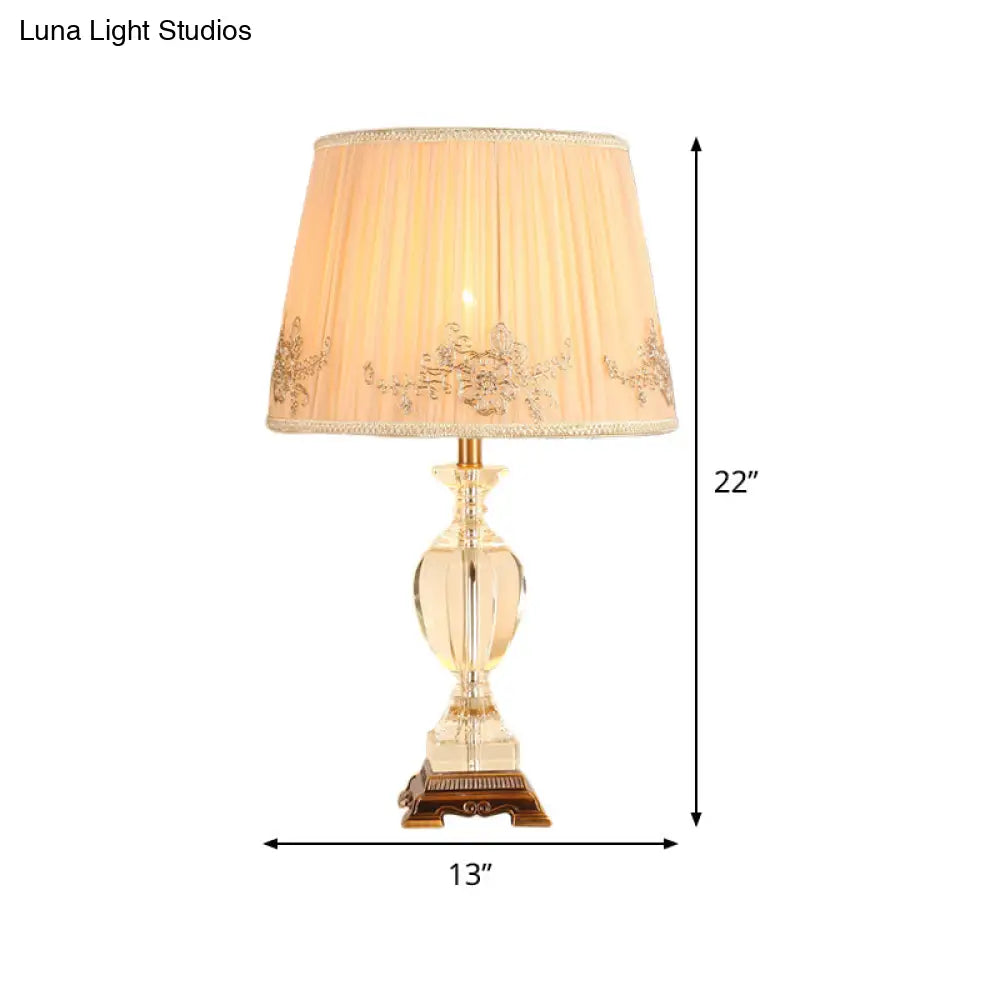 Modern Curved Fabric Desk Lamp With Hand-Cut Crystal Detail And Beige Shade