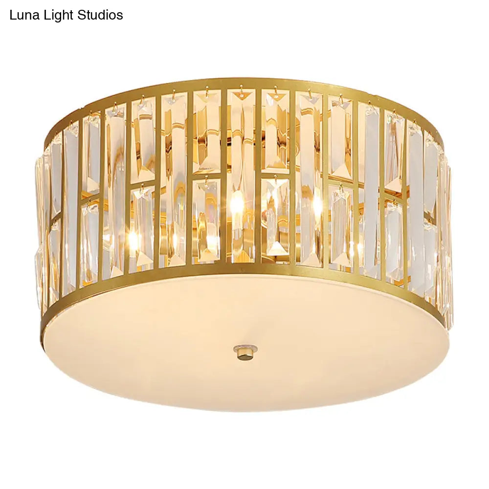 Modern Cut Crystal Gold Drum Flush Mount Ceiling Light With Opal Glass Diffuser - 5 Bulbs 3 Sizes