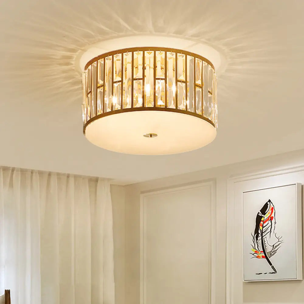 Modern Cut Crystal Gold Drum Flush Mount Ceiling Light With Opal Glass Diffuser - 5 Bulbs 3 Sizes /