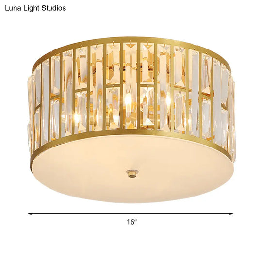 Modern Cut Crystal Gold Drum Flush Mount Ceiling Light With Opal Glass Diffuser - 5 Bulbs 3 Sizes