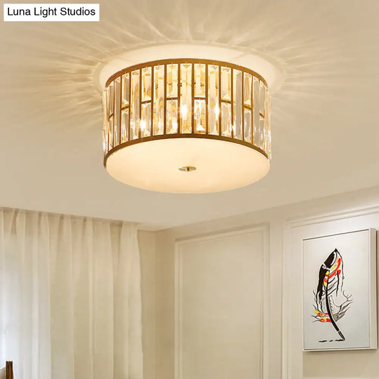 Modern Cut Crystal Gold Drum Flush Mount Ceiling Light With Opal Glass Diffuser - 5 Bulbs 3 Sizes /
