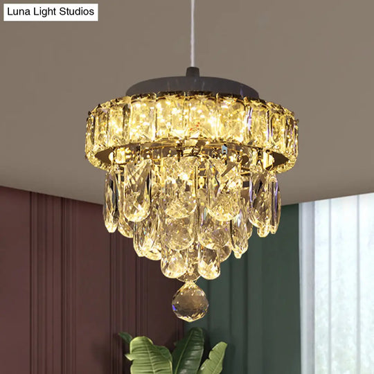 Modern Cut Crystal Led Pendant Light: Chrome Tiered Suspension Lamp For Dining Tables