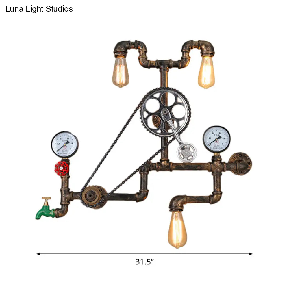 Modern Cyberpunk Iron Wall Sconce With 3 Lights Bronze Faucet Pipe Chainset Design For Garage