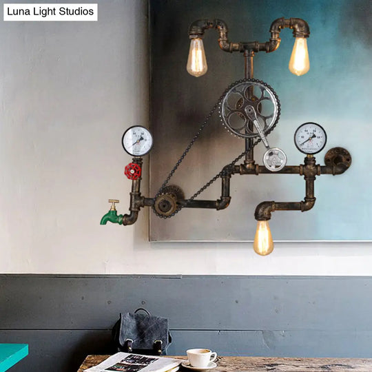 Modern Cyberpunk Iron Wall Sconce With 3 Lights Bronze Faucet Pipe Chainset Design For Garage