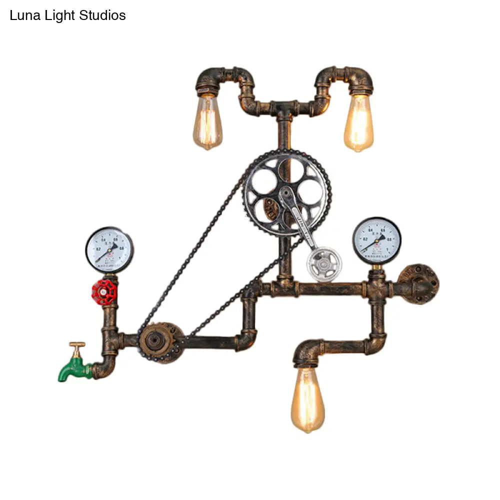 Modern Cyberpunk Iron Wall Sconce With 3 Lights Bronze Faucet Pipe Chainset Design For Garage