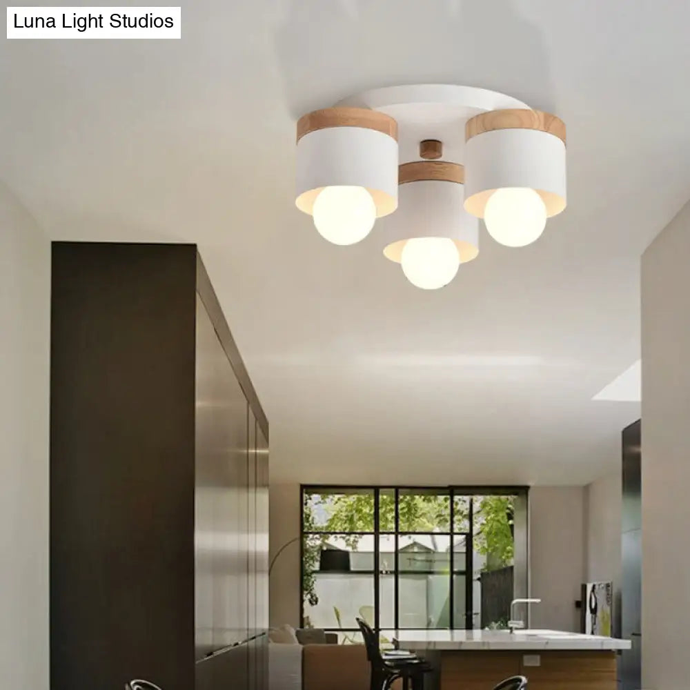 Modern Cylinder Ceiling Lights - 3/7 Heads Metal And Wood Flush Mount For Indoor Use 3 / White