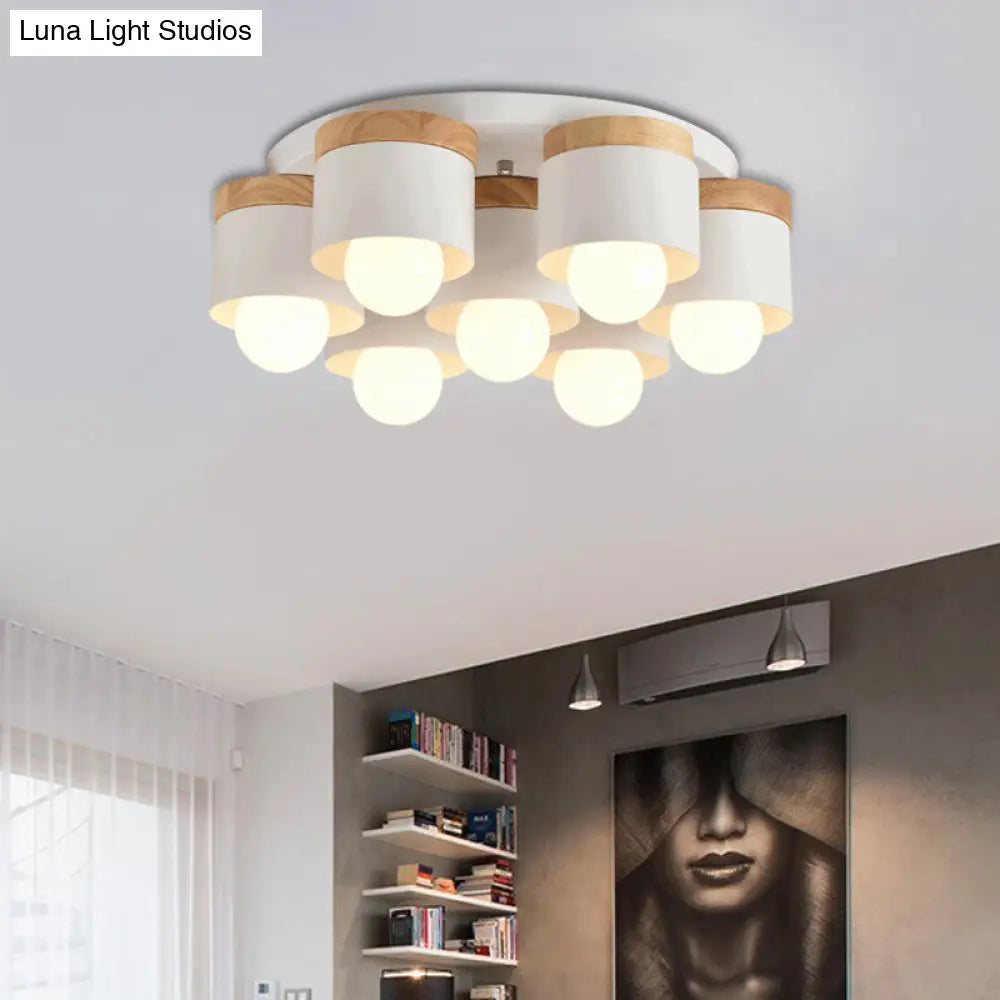 Modern Cylinder Ceiling Lights - 3/7 Heads Metal And Wood Flush Mount For Indoor Use 7 / White