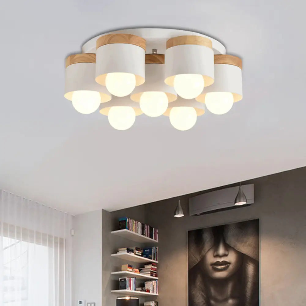 Modern Cylinder Ceiling Lights - 3/7 Heads Metal And Wood Flush Mount For Indoor Use 7 / White