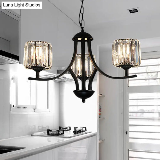 Modern Cylinder Chandelier Light With Crystal Accents - Black Finish 4/6/8 Bulb Ideal For Dining