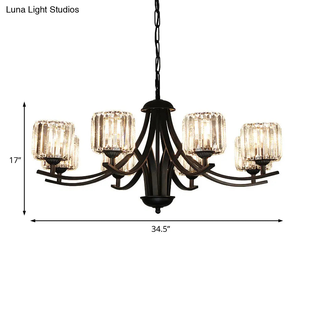 Modern Cylinder Chandelier Light With Crystal Accents - Black Finish 4/6/8 Bulb Ideal For Dining