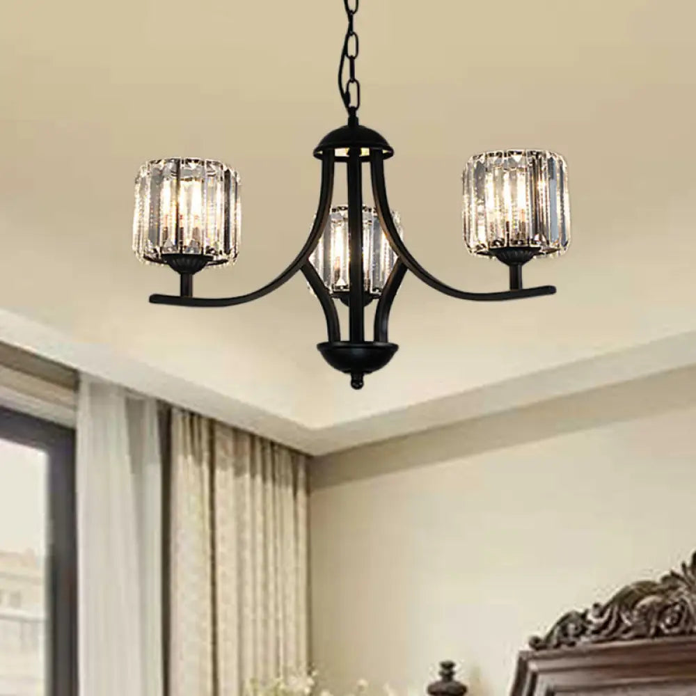 Modern Cylinder Chandelier Light With Crystal Accents - Black Finish 4/6/8 Bulb Ideal For Dining