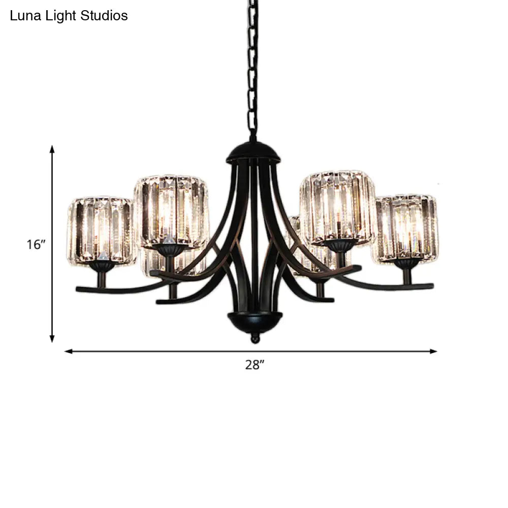 Modern Cylinder Chandelier Light With Crystal Accents - Black Finish 4/6/8 Bulb Ideal For Dining