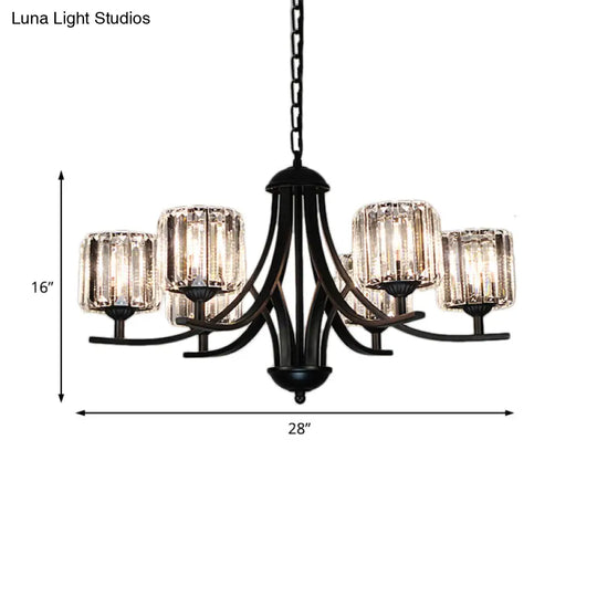 Modern Cylinder Chandelier Light With Crystal Accents - Black Finish 4/6/8 Bulb Ideal For Dining