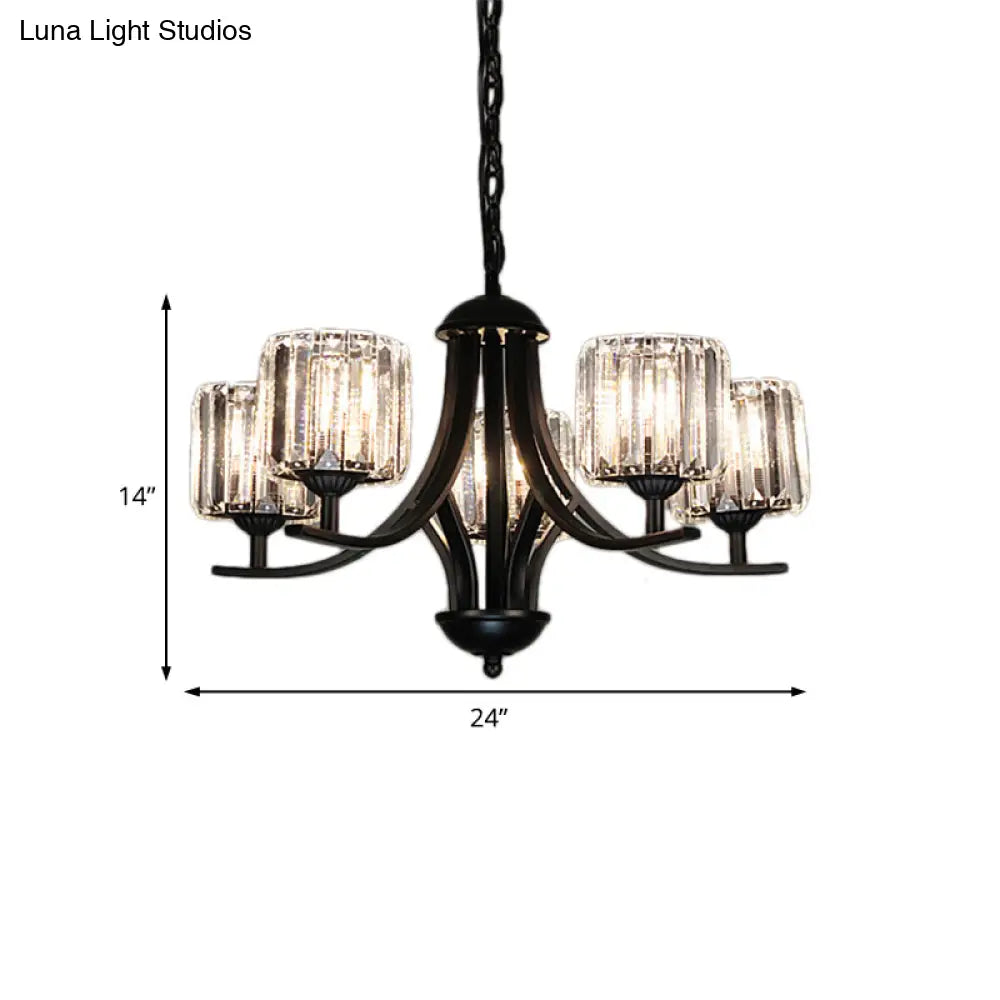 Modern Cylinder Chandelier Light With Crystal Accents - Black Finish 4/6/8 Bulb Ideal For Dining