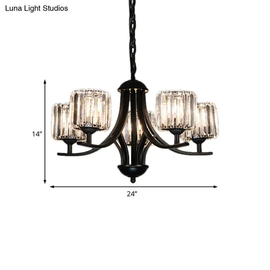 Modern Cylinder Chandelier Light With Crystal Accents - Black Finish 4/6/8 Bulb Ideal For Dining