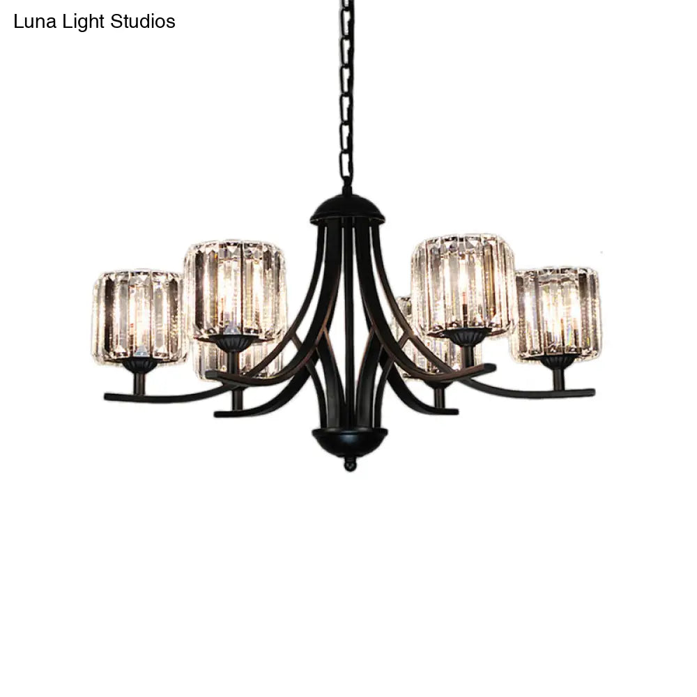 Modern Cylinder Chandelier Light With Crystal Accents - Black Finish 4/6/8 Bulb Ideal For Dining