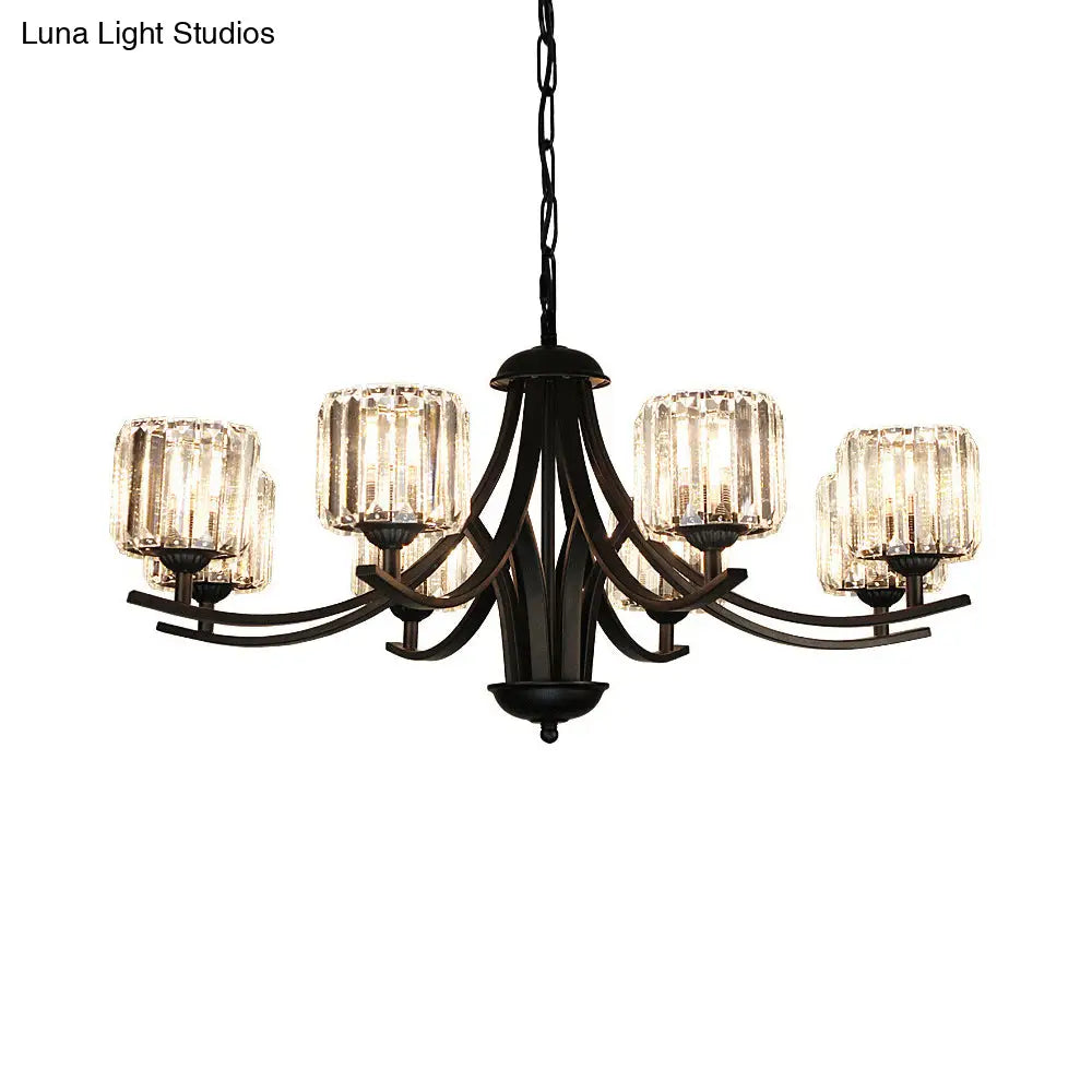 Modern Cylinder Chandelier Light With Crystal Accents - Black Finish 4/6/8 Bulb Ideal For Dining