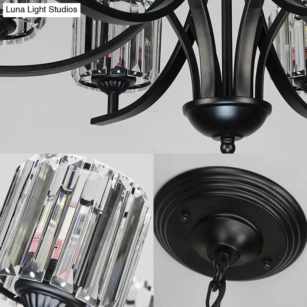 Modern Cylinder Chandelier Light With Crystal Accents - Black Finish 4/6/8 Bulb Ideal For Dining