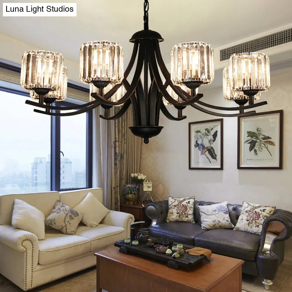 Modern Cylinder Chandelier Light With Crystal Accents - Black Finish 4/6/8 Bulb Ideal For Dining