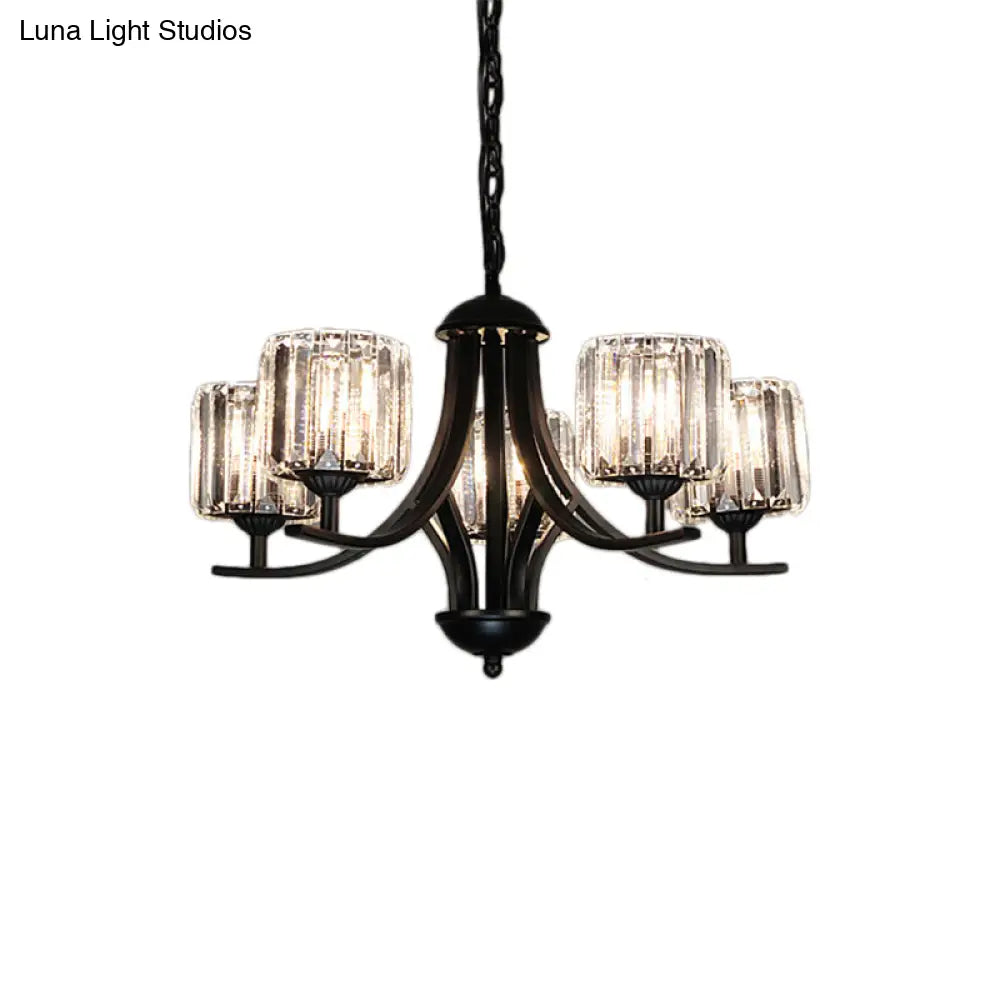 Modern Cylinder Chandelier Light With Crystal Accents - Black Finish 4/6/8 Bulb Ideal For Dining