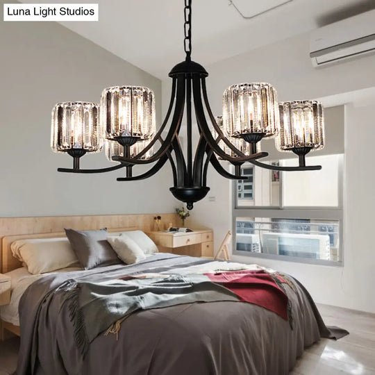 Modern Cylinder Chandelier Light With Crystal Accents - Black Finish 4/6/8 Bulb Ideal For Dining