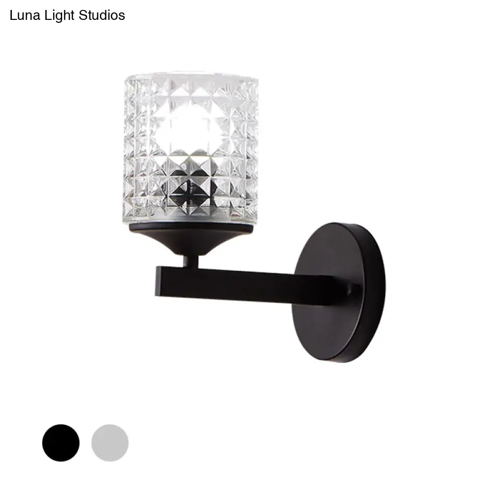 Modern Cylinder Clear Textured Glass Wall Sconce Light Single Bulb Bedroom Black/Silver