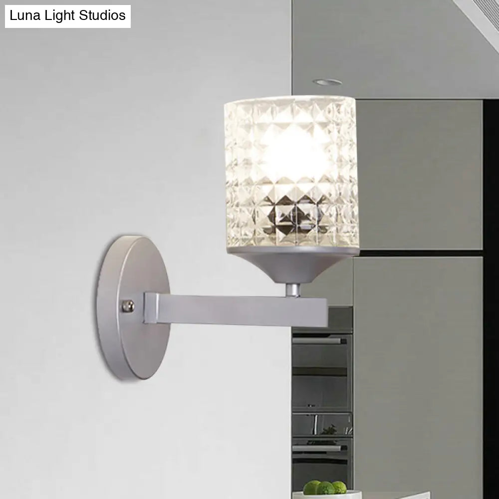 Modern Cylinder Clear Textured Glass Wall Sconce Light Single Bulb Bedroom Black/Silver