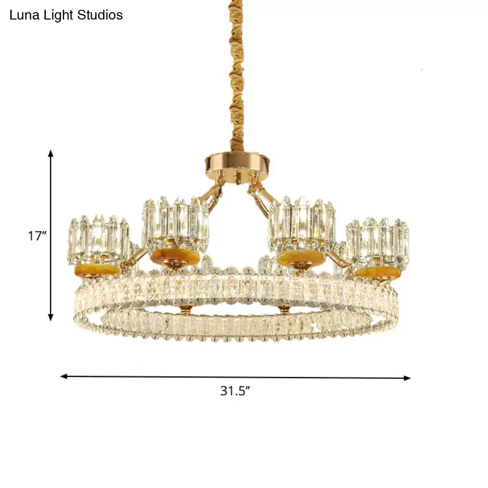 Modern Crystal Block Cylinder Chandelier With Gold Ring - 6/8 Bulb Ceiling Lamp For Living Room