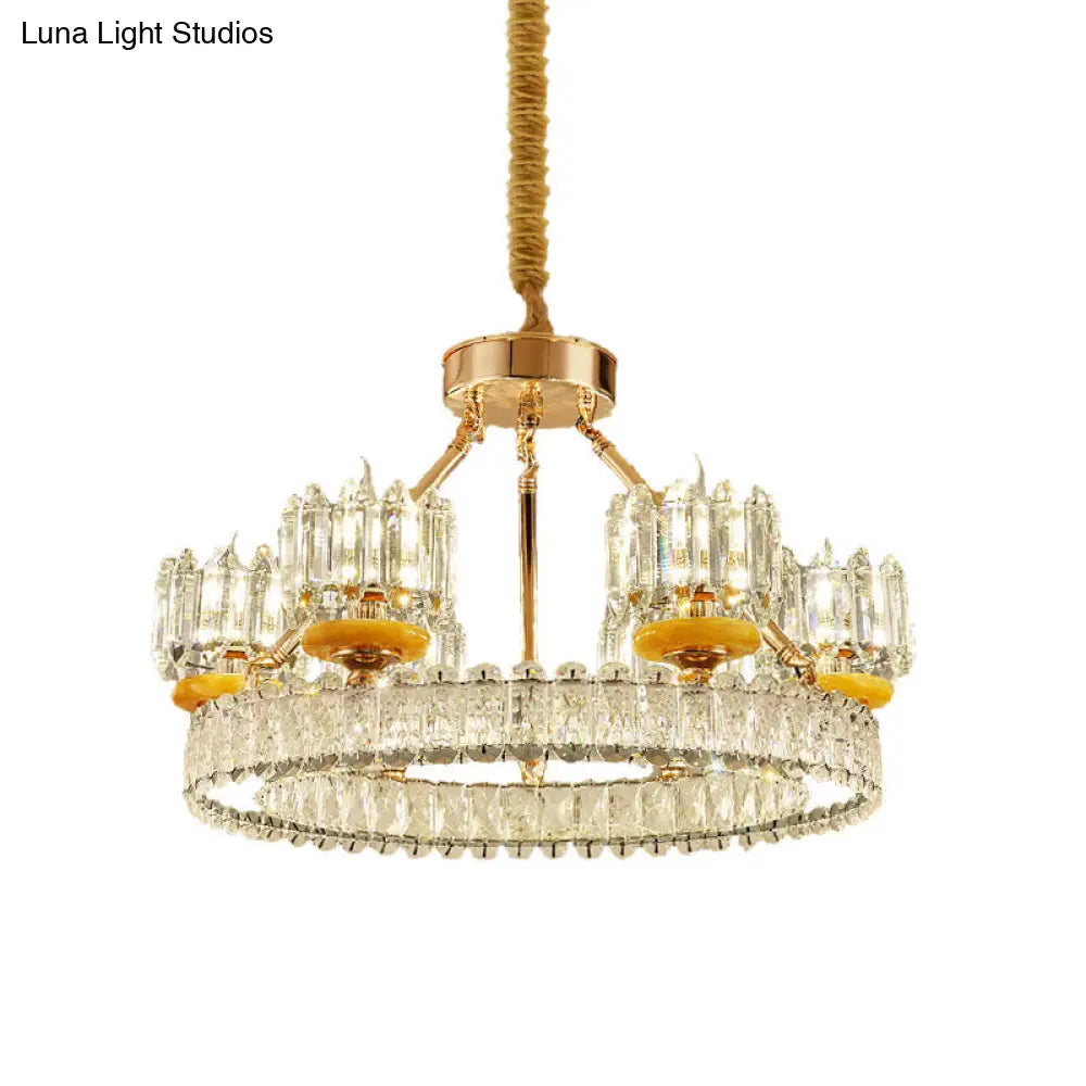 Modern Crystal Block Cylinder Chandelier With Gold Ring - 6/8 Bulb Ceiling Lamp For Living Room