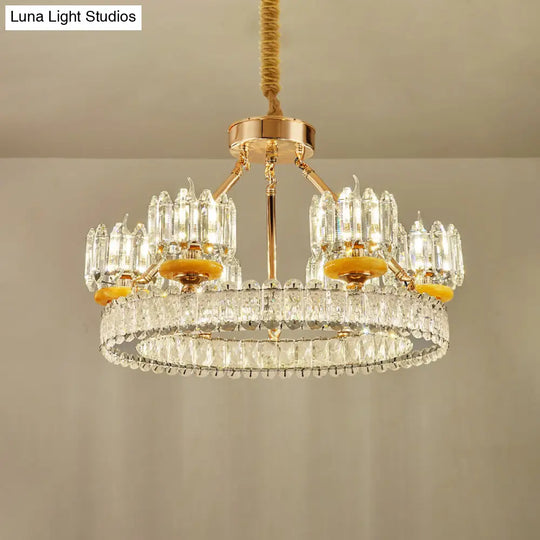 Modern Cylinder Crystal Chandelier Ceiling Light With Gold Ring - 6/8 Bulb Options