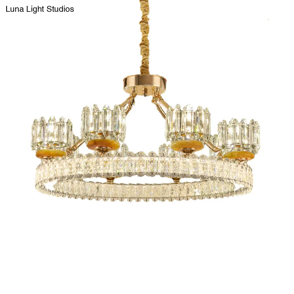 Modern Cylinder Crystal Chandelier Ceiling Light With Gold Ring - 6/8 Bulb Options