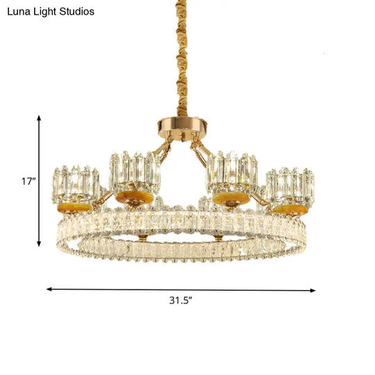 Modern Cylinder Crystal Chandelier Ceiling Light With Gold Ring - 6/8 Bulb Options