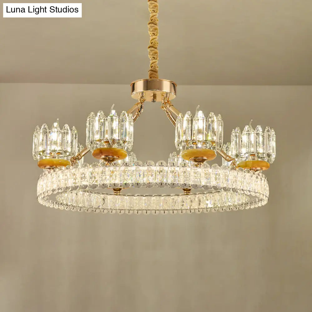 Modern Cylinder Crystal Chandelier Ceiling Light With Gold Ring - 6/8 Bulb Options