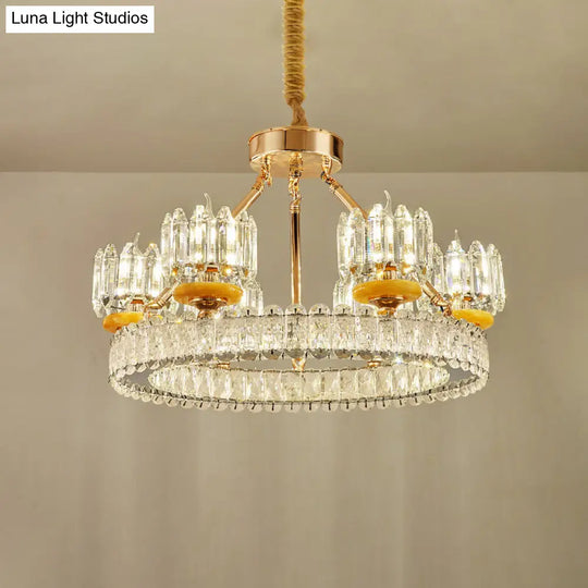 Modern Crystal Block Cylinder Chandelier With Gold Ring - 6/8 Bulb Ceiling Lamp For Living Room