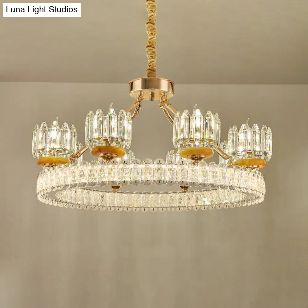 Modern Crystal Block Cylinder Chandelier With Gold Ring - 6/8 Bulb Ceiling Lamp For Living Room