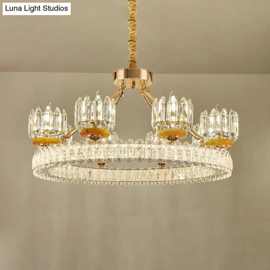 Modern Crystal Block Cylinder Chandelier With Gold Ring - 6/8 Bulb Ceiling Lamp For Living Room