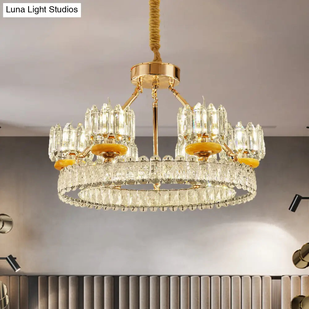 Modern Crystal Block Cylinder Chandelier With Gold Ring - 6/8 Bulb Ceiling Lamp For Living Room 6 /