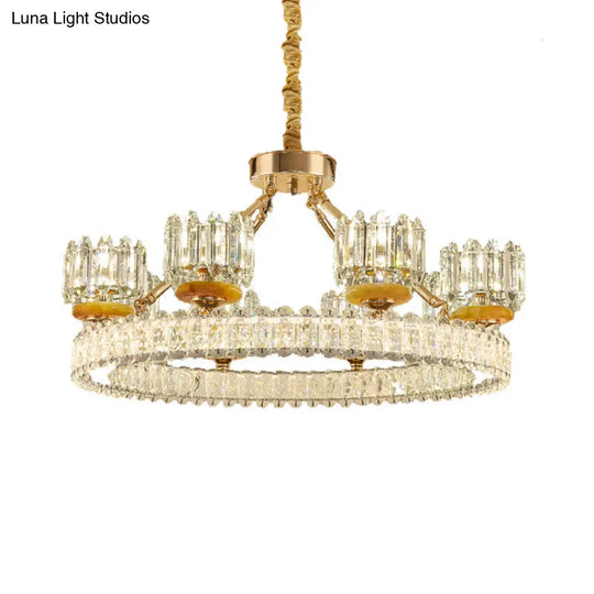 Modern Crystal Block Cylinder Chandelier With Gold Ring - 6/8 Bulb Ceiling Lamp For Living Room