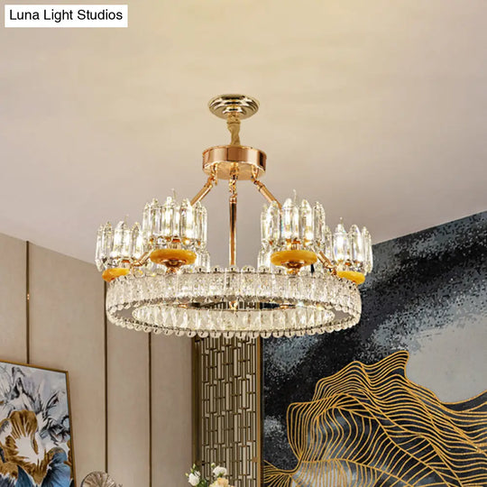 Modern Cylinder Crystal Chandelier Ceiling Light With Gold Ring - 6/8 Bulb Options