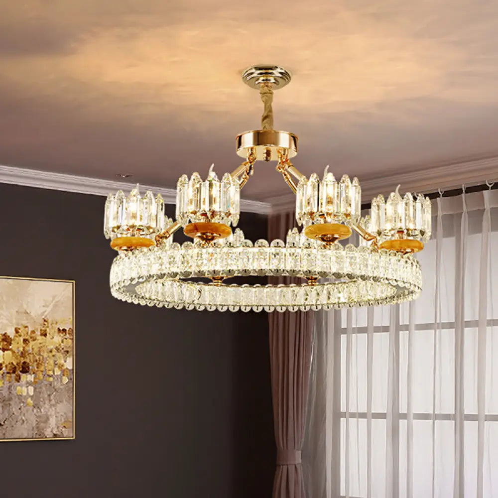 Modern Cylinder Crystal Chandelier Ceiling Light With Gold Ring - 6/8 Bulb Options 8 /