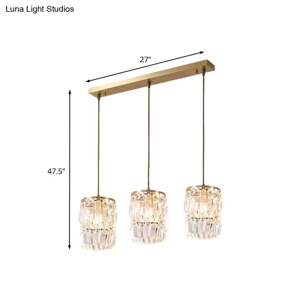 Modern Cylinder Crystal Hanging Light With Brass Finish - 3-Bulb Pendant Lamp Fixture