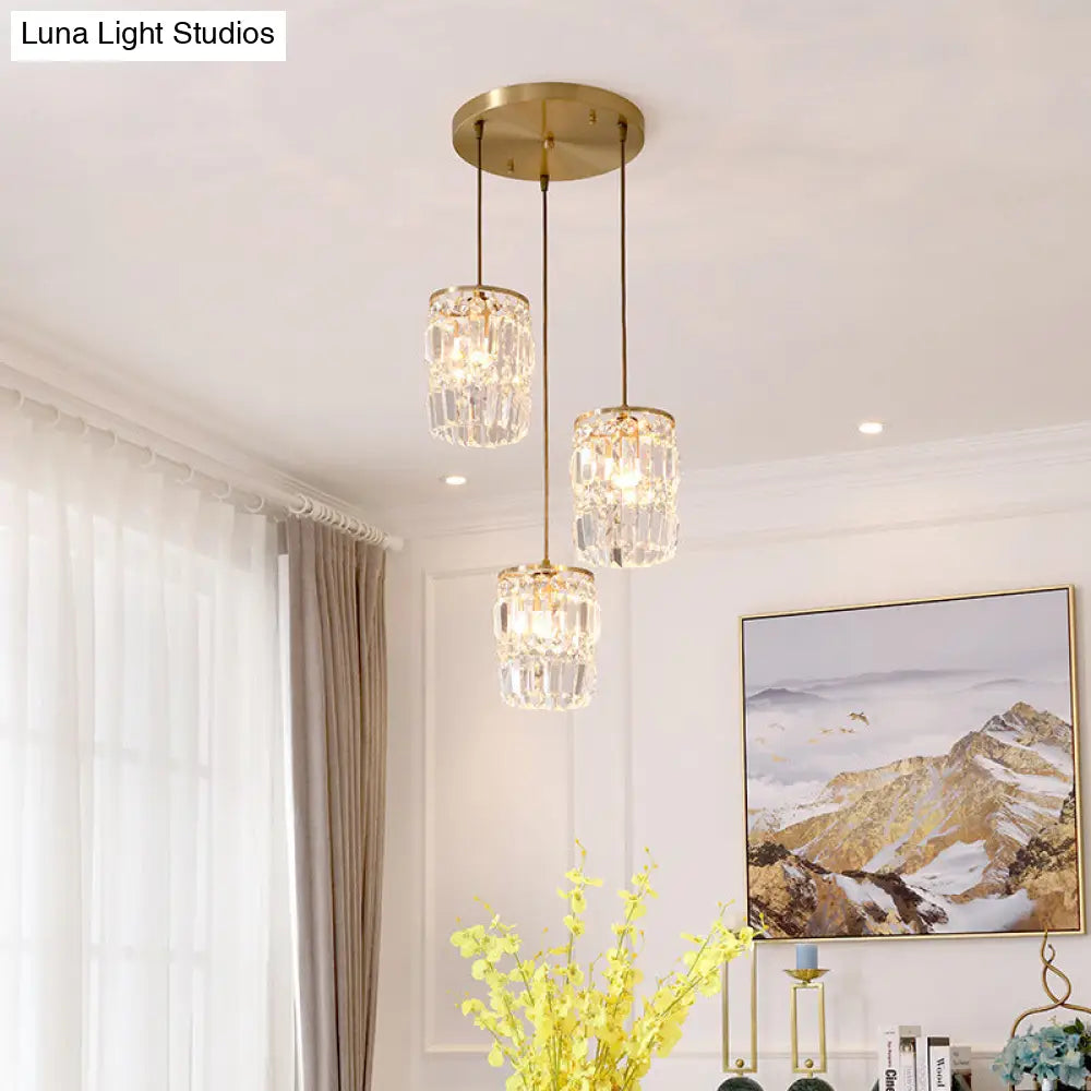 Modern Cylinder Crystal Hanging Light With Brass Finish - 3-Bulb Pendant Lamp Fixture